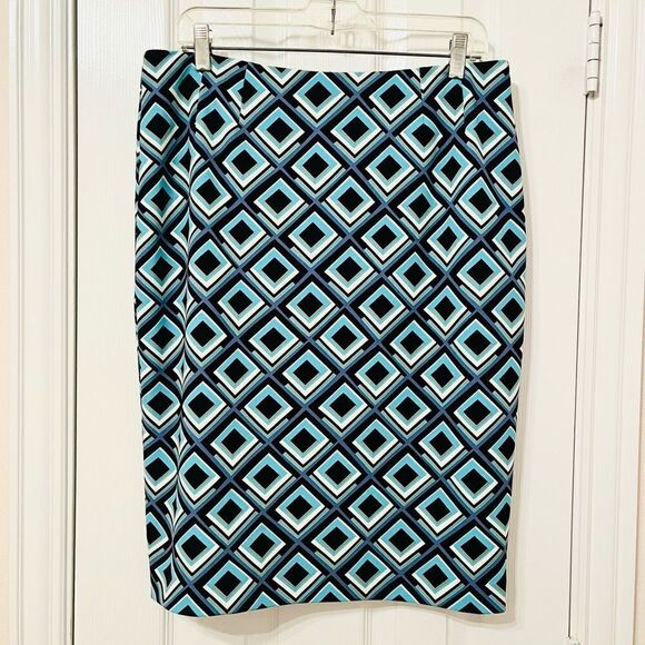 KASPER Abstract Print Pencil Skirt Back Slit Navy Blue Teal 10 - Picture 5 of 10